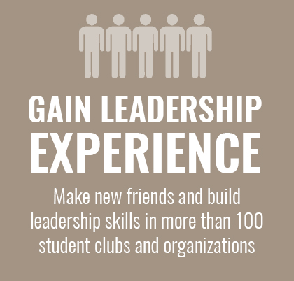 Leadership experience, make new friends and build leadership skills in more than 100 student clubs and organizations