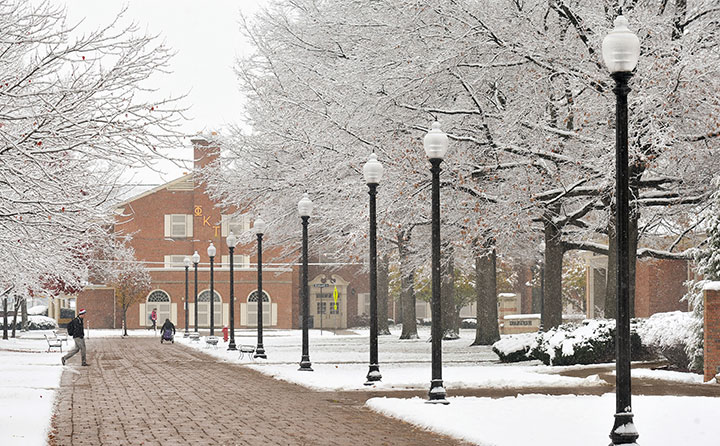 Baldwin Wallace University's Grand Street trees glisten with snow in wintertime
