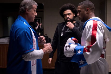Left to right: Sylvester Stallone, Steven Caple Jr. and Michael B. Jordan on the set of "Creed 2."  (Barry Wetcher/Metro Goldwyn Mayer Pictures)