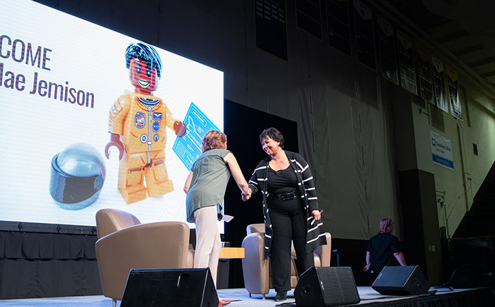 Dr. Mae Jemison, first woman of color in the world to travel in space, encouraged a packed Ursprung Gymnasium to push beyond the limited expectations of others, as she presses forward with her own pio