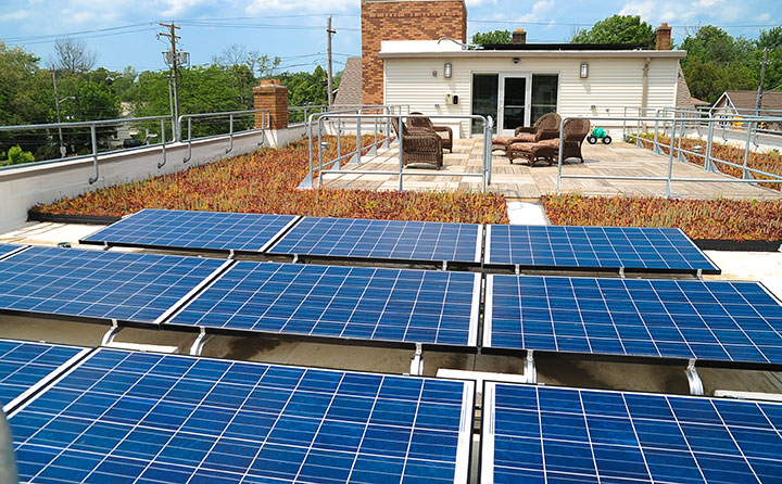 Solar panels and vegetative roof BW's Harding House residence hall