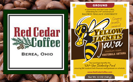 Red Cedar coffee logo and Yellow Jacket Java label