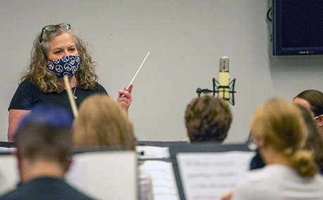 Liza Grossman rehearses the Kaboom Collective studio orchestra at Baldwin Wallace University.