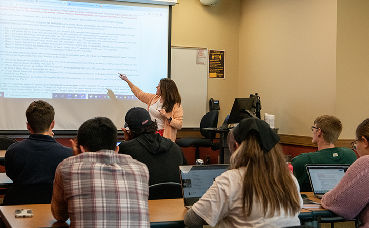 Dr. Lauren Copeland reviews results of the BW Community Research Institute's second fall Ohio Pulse Poll with a political science class that helped to review and test the survey instrument prior to it going into the field.