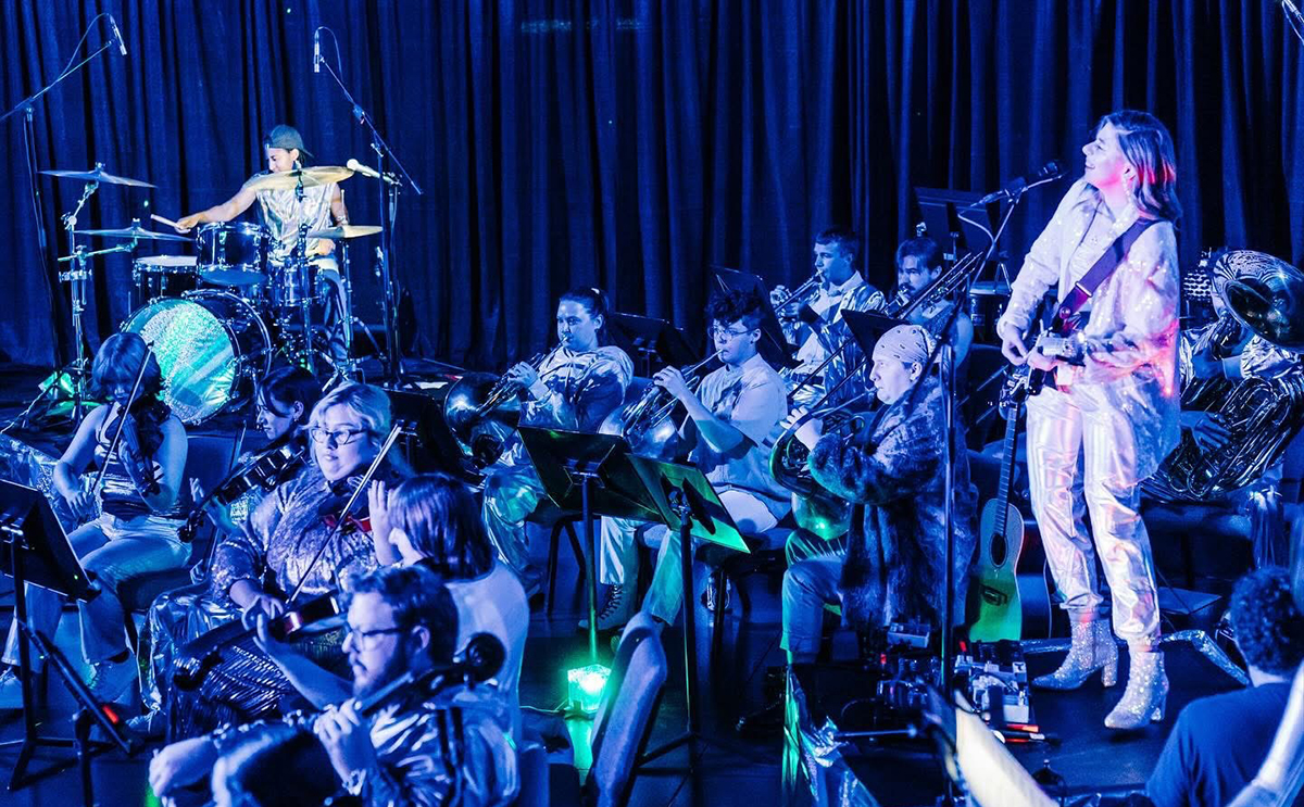 The Accidentals and Kaboom Collective during a video recording session 