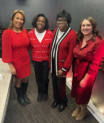 Pictured left to right at the Go Red Scholarship event are WOIO-TV news anchor Tiffani Tucker, Woodson, her mom and  STEM Goes Red for Girls Chair Jenna Perpar