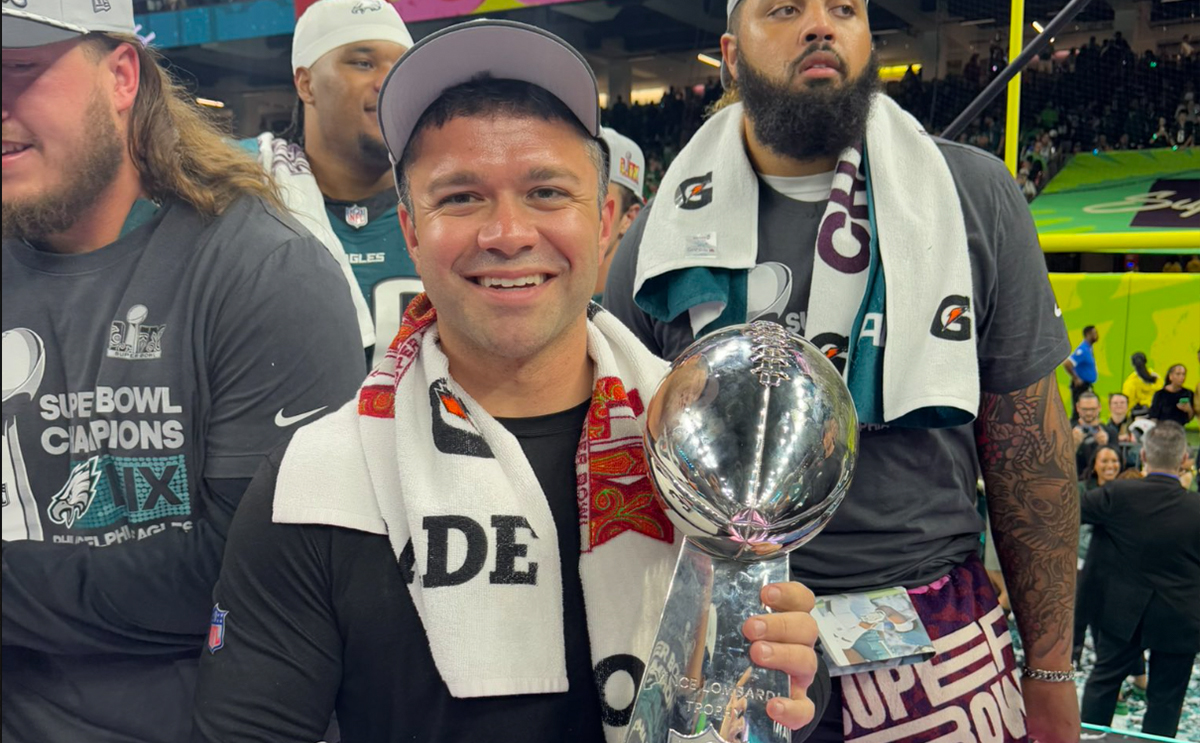 Joe Kasper with Super Bowl trophy