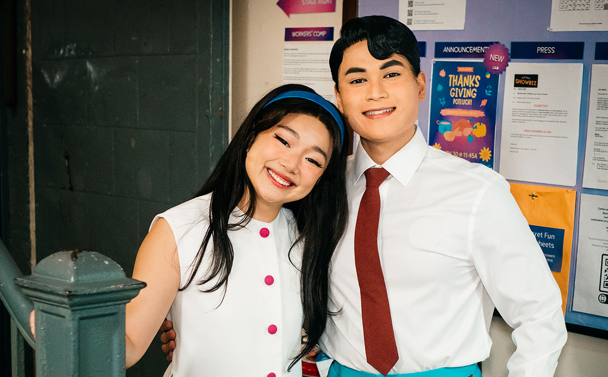 Steven Huynh (right) as helperbot Oliver in the Broadway company of "Maybe Happy