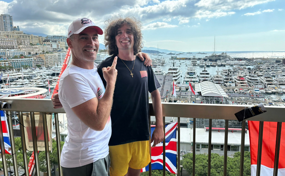 David Lamb ’24 (right) with his "Monaco Inside Track" boss, Tom Battaglia