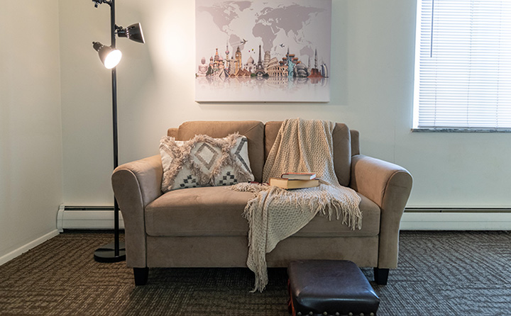 photo of graduate apartment living room couch