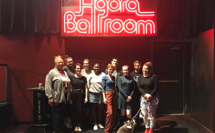 photo of students during a class visit to the historic Agora Theater and Ballroom.