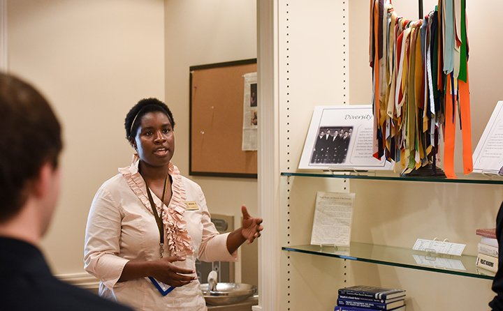 Miranda Jackson '15, a public relations major at BW, seen here in the Durst Welcome center, Strosacker Hall and around campus during a prospective student tour.