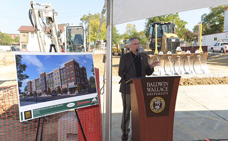 BW President Bob Helmer addresses community crowd at groundbreaking