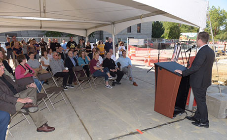 Kevin DiGeronimo, principal of the development company, addresses the community crowd gathered for the groundbreaking.