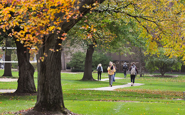 Students at Baldwin Wallace University wind their way past towering trees on the newly designated Tree Campus USA 