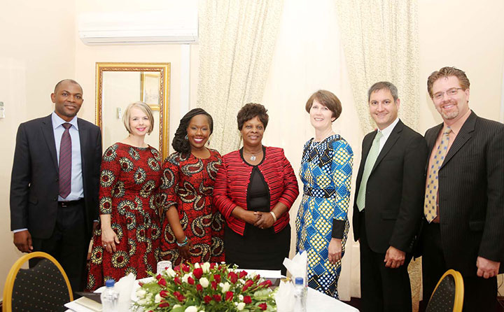 At the Zambia Statehouse, left to right, Owen Mugemezulu, Zambia’s permanent secretary of the Ministry of Higher Education, Christie King-Shrefler, BW director of study abroad, Chisomo Selemani, BW as