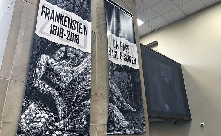 Frankenstein Festival banners at Baldwin Wallace University's Ritter Library
