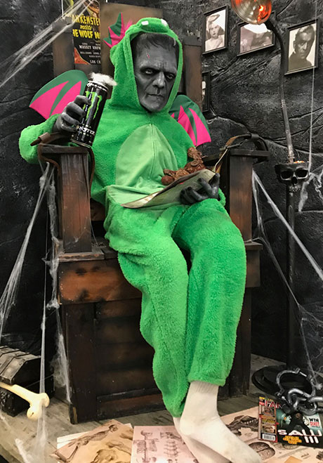 An Instagram-worthy vignette, featuring Dr. Frankenstein’s monster in his “reading room,” is part of an exhibit in BW’s Ritter library during the Frankenstein Festival.
