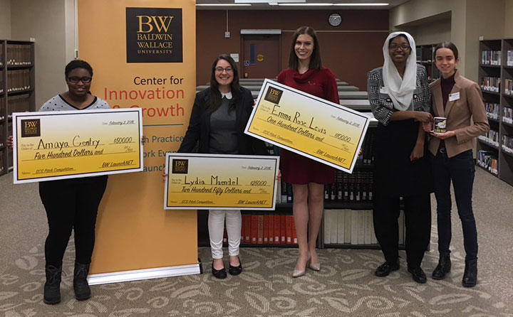 Participants in BW LaunchNET's first Social Change Summit Pitch Competition in spring 2018, left to right, Amaya Gentry ’21 (1st place), Lydia Maendel ’18 (2nd), Emma Rose Lewis ’19 (3rd), Amani Rafiah Saleem, ’21 Rebecca Gackler ’21