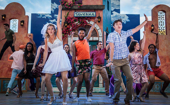 Mamma Mia! on stage at the Idaho Shakespeare Festival. Thirteen in the cast of 20 have a BW music theatre connection. Photos by DKM Photography.