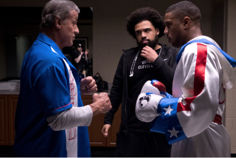 Left to right: Sylvester Stallone, Steven Caple Jr. and Michael B. Jordan on the set of "Creed 2." (Barry Wetcher/Metro Goldwyn Mayer Pictures)