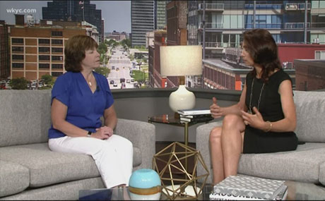 Dr. Jodi Tims (left) is interviewed by WKYC Chief Meteorologist Betsy Kling for the station's "Girls in STEM" initiative.