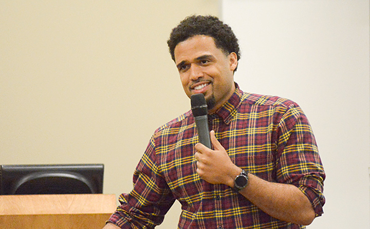 Photo of Steven Caple talking to students at Baldwin Wallace University