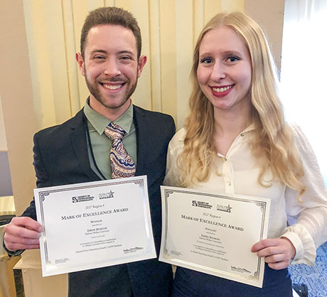 Drew Boxler (l) and Emma Selmon (r) at the SPJ Mark of Excellence Awards in Pittsburgh