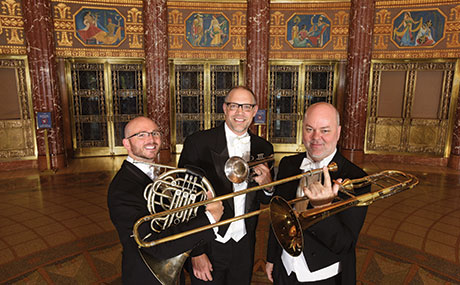 The Factory Seconds Brass Trio, consisting of Jack Sutte, trumpet, Jesse McCormick, horn, and Richard Stout, trombone, in residence at BW.