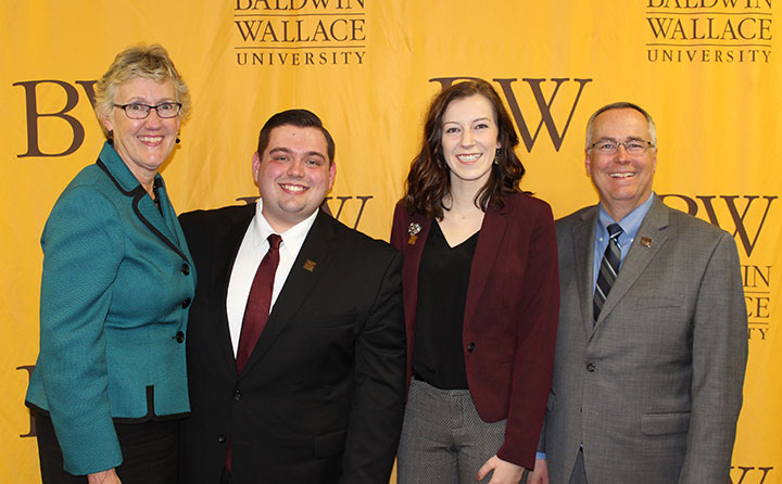 Photo of Andrew Henthorn and Allyson Crays, BW's 2018 student body vice president and president, flanked by Dr. Trina Dobberstein, vice president of student affairs and BW President Bob Helmer.