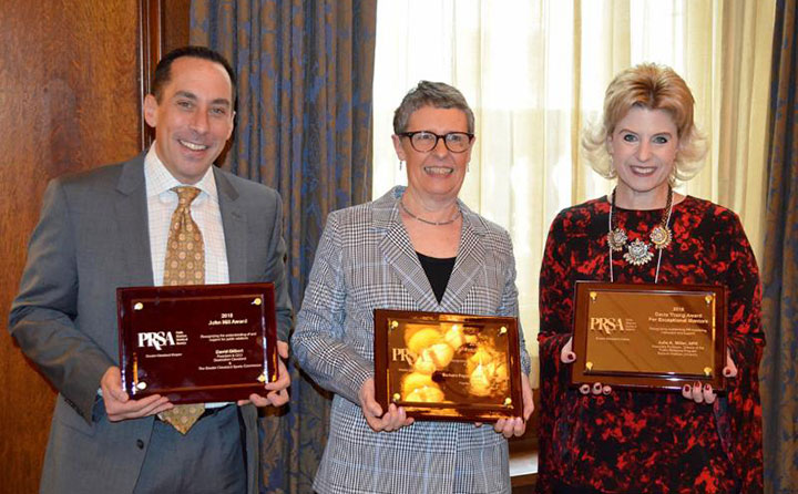 The 2018 winners of PRSA's prestigious Hill, Lighthouse and Young Awards, l to r, David Gilbert, Barbara Paynter and Julie Miller