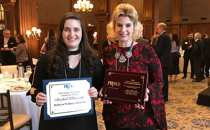 Professor Julie Miller and public relations major Rachel Klimczuk with their PRSA awards