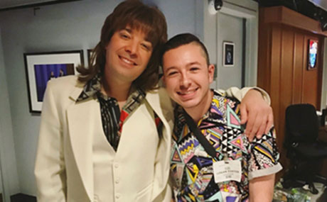 Photo of Logan Foster with Jimmy Fallon before the cast of “SUMMER: The Donna Summer Musical” performed on The Tonight Show Starring Jimmy Fallon
