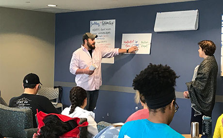 Photo of Peyton Flasco (left) leading an ABCs workshop