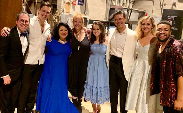 Backstage at South Pacific, left to right, Andy Einhorn, Ryan Silverman, Loretta Ables Sayre, Victoria Bussert, Hanako Walrath, Elliot Madore, Kailey Boyle and Gordia Hayes. 