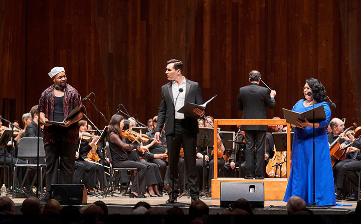 BW student Gordia Hayes (left) performs with professionals Ryan Silverman and Loretta Ables Sayre in "South Pacific: In Concert." (Photo courtesy Roger Mastroianni)