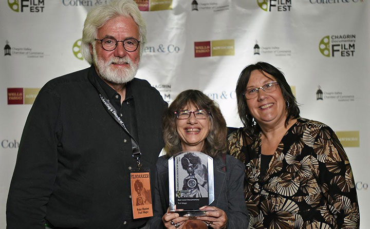 The creative team behind the Chagrin Film Fest’s “Best Local Documentary,” left to right, Peter Huston, director, BW grad Bette Lou Higgins, producer and Kelly Boyer Sagert, writer.