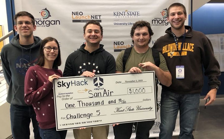 BW’s winning SkyHack team from left to right, Lucas Shalkhauser ’21, Sydney Leither ‘21, Sam Kratsas ‘21, Jake Cohen '23 and Nate Bianco ’21.