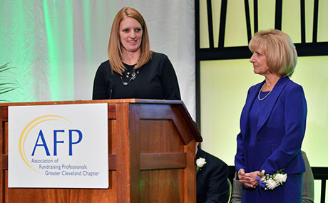 Christy Walkuski (l), director of BW’s David & Frances Brain Center for Community Engagement and Annie Heidersbach (r), director of academic grants and Jacket Philanthropy faculty member accept AFP-Cl