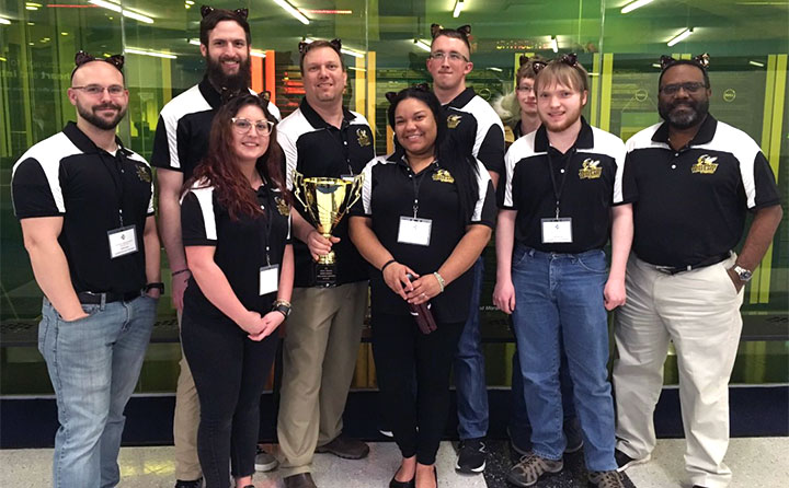 BW's regional champion CyberSecurity team, left to right, Joshua Bell '21, Joshua Neubecker '20, Amanda Illig '19, Jonathan Cartwright ‘16, MBA '19, Meredith Kasper '19, Jacob Jolley '20, Chris Midkiff '19, Ian Walton '20 and coach Kenneth Atchinson