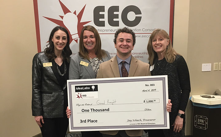  BW entrepreneur-in-residence, Linda G. Kanner, BW LaunchNET program manager, Hannah Schlueter, ideaLabs 3rd Place Winner, Sam Kratsas '21, and CIG Faculty Fellow, Dr. Lori Long celebrate the top thre