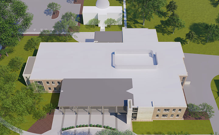 A preliminary drawing shows placement of the new building near the Burrell Observatory