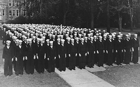 Navy V12 students outside Marting Hall at BW.