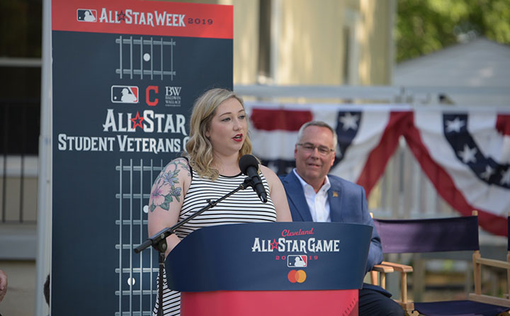 Britnee Davis, president of BW’s Student Veteran Organization, addresses the crowd at the 2019 dedication of BW's All Star Veterans Center.