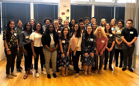 Photo of the 2019 Cleveland Foundation summer interns. Front row: BW students Tameka Coleman '20 (fourth from left), Samantha Greenfield '20 (fifth from left), and Audra Mahon '19 (seventh from left)