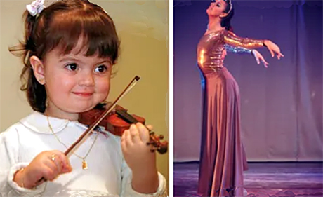 Two photos of BW student Isabella Schiavon --one as a small child playing the violin and the other of her older on stage dancing