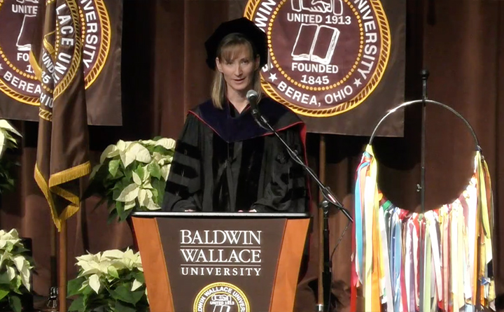 Dr. Jaimy Dyer, president of BW's faculty senate, addressed graduates during BW's live-streamed Conferring of Degrees ceremony.