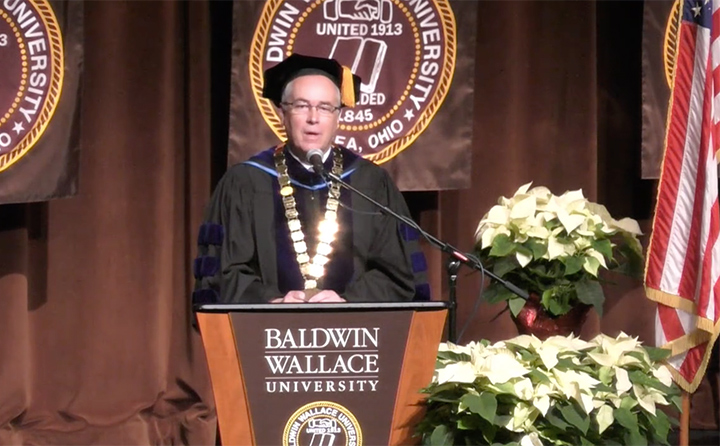 President Bob Helmer congratulates graduates during Baldwin Wallace University's December 2020 "virtual conferring of degrees" ceremony."