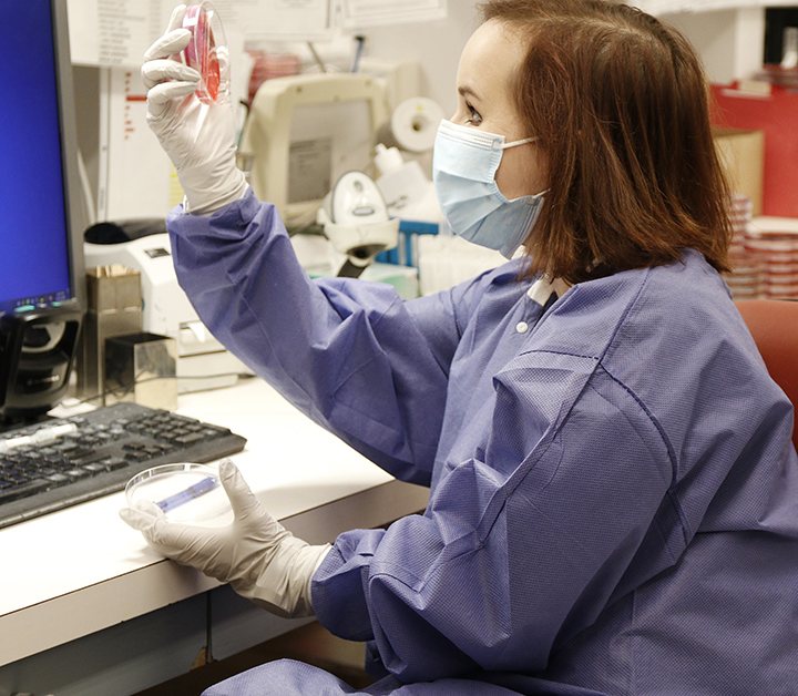 Dr. Kara Gawelek ‘14 in her microbiology lab