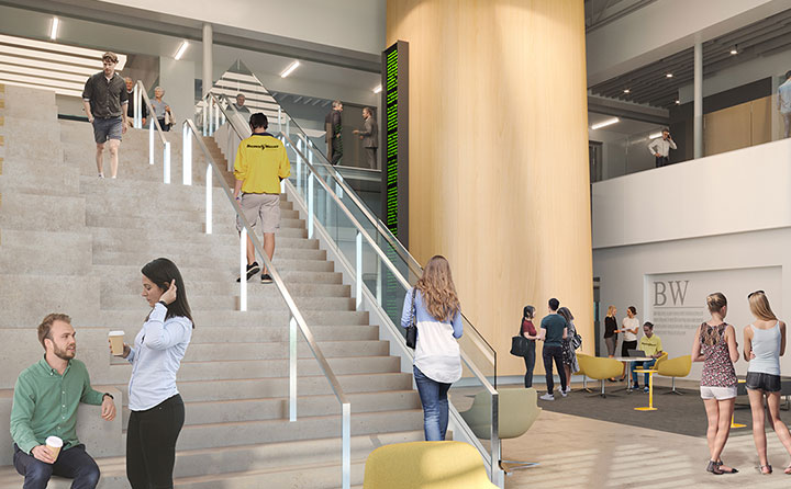 Artist's rendering of the interior atrium of the Knowlton Center, scheduled to open in January 2021.